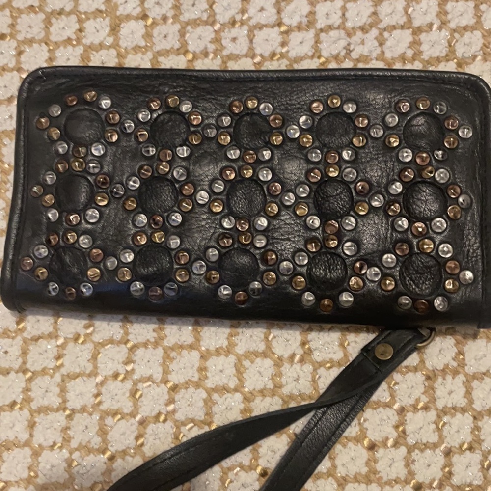 Large Leather Black Studded Clutch Wallet